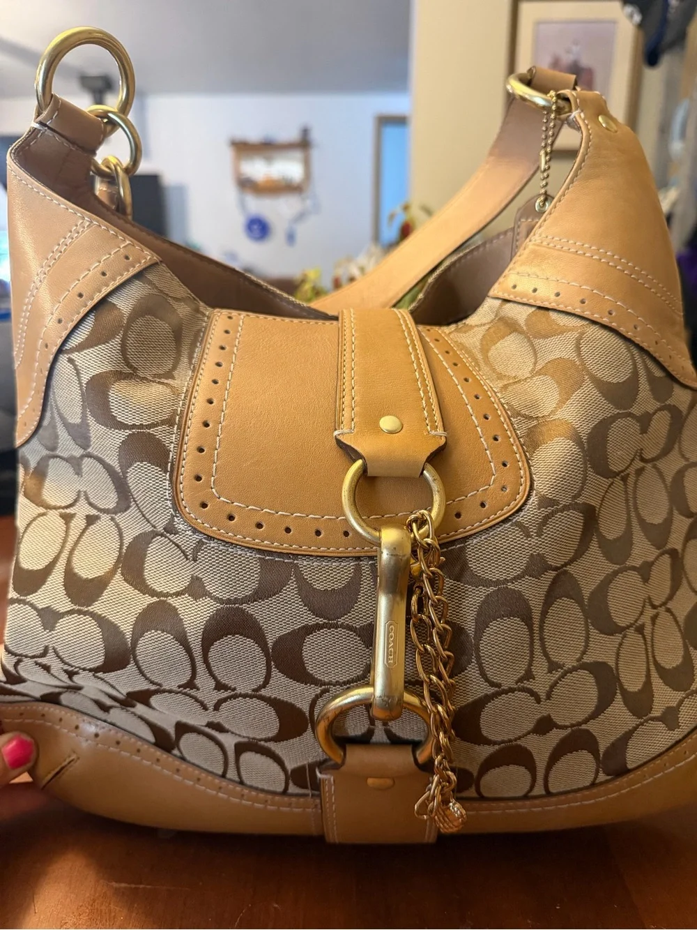 Coach Tan Signature Canvas Shoulder Bag with Gold Hardware